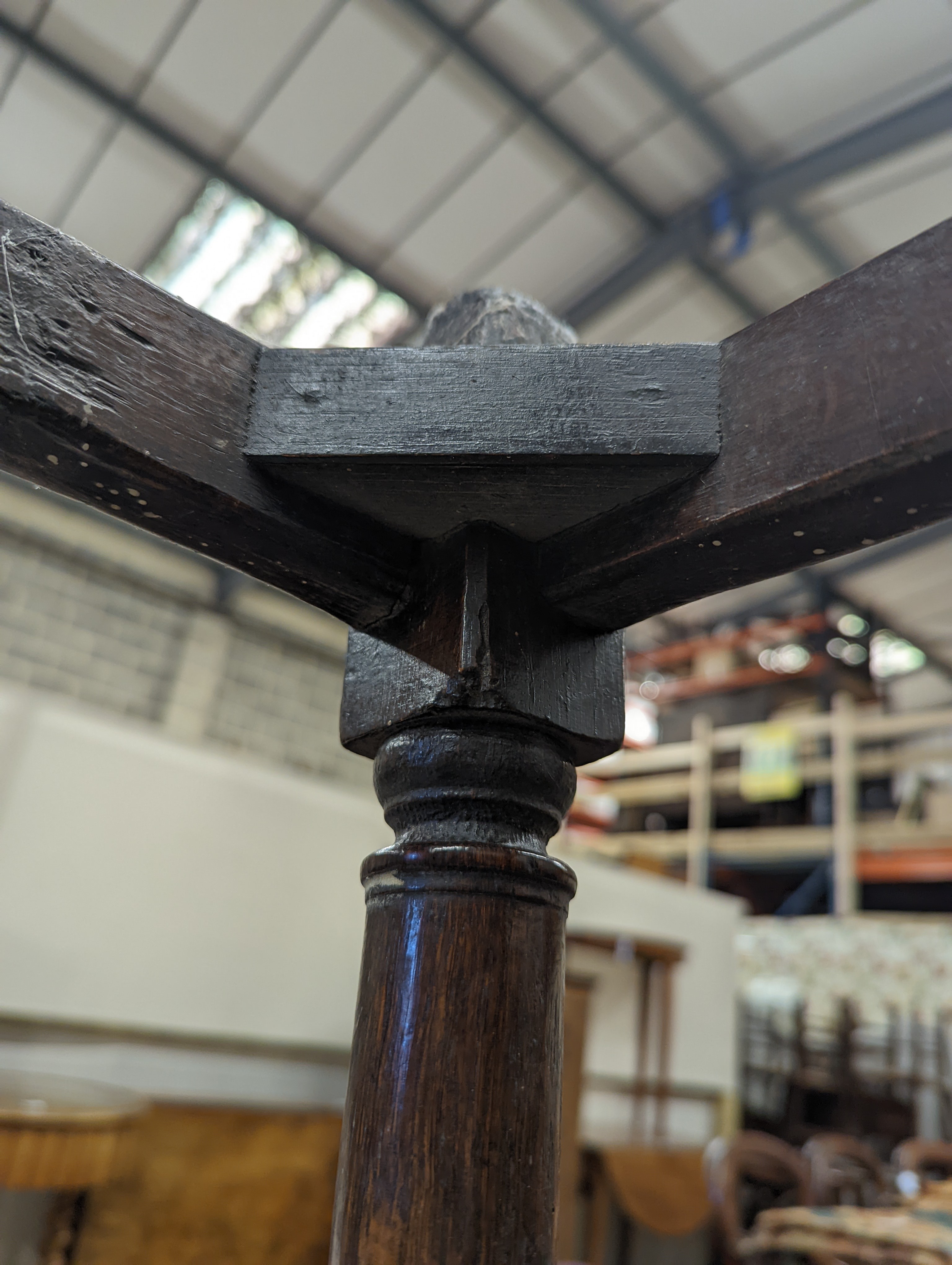 A 17th century style oak joint stool, width 46cm, depth 26cm, height 46cm and a George III stool with Victorian needlework seat, length 33cm